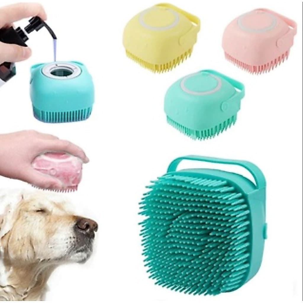 Escova Massageadora com Dispenser de Shampoo – Banho Fácil e Relaxante para Cachorros e Gatos