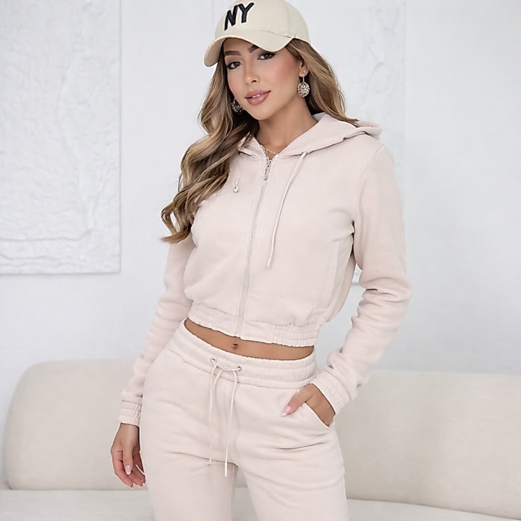 Conjunto Moletom Feminino Cropped Touca Elástico Cordão Luxo Premium Importado