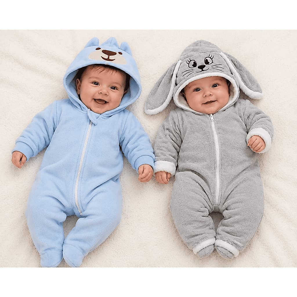 Kit Macacão Bebê Coelho Urso 02 Peças Manga Longa com Capuz Roupa de Bebê Menino e Menina