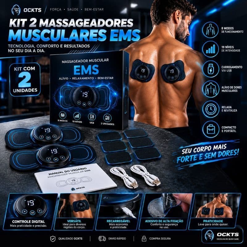 Kit 2 Massageadores Muscular EMS 8 Modos 19 Níveis USB
