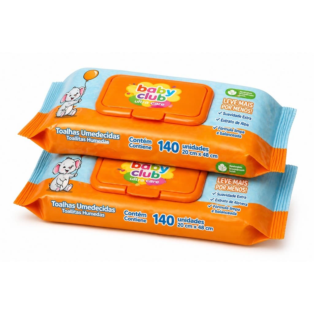 Lenços/Toalhas Umedecidas Baby Club/280 Unidades Extrato Aloe Vera Infantil/Bebe