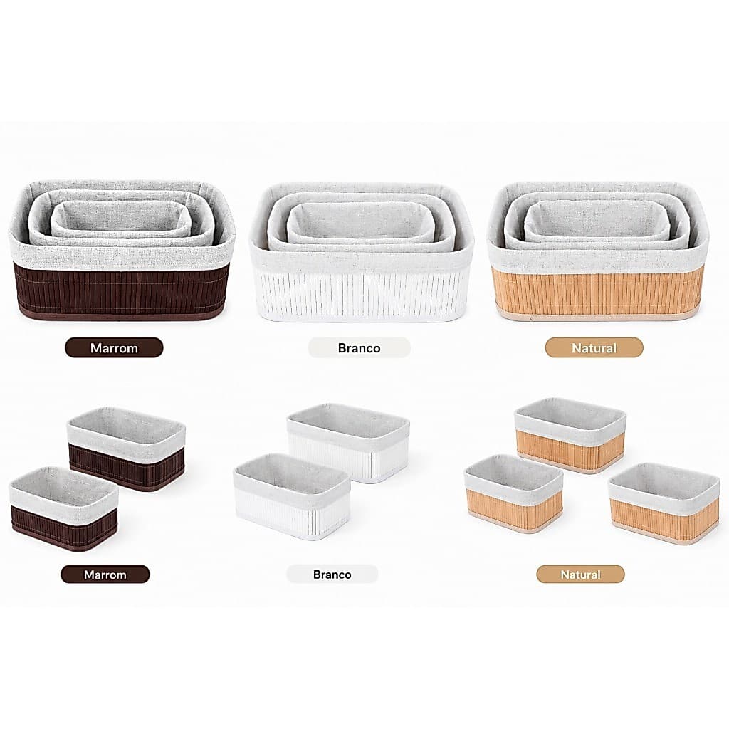 🧺 Kit 3 Cestos Organizadores de Bambu Multiuso para Cozinha Banheiro e Quarto Escritório