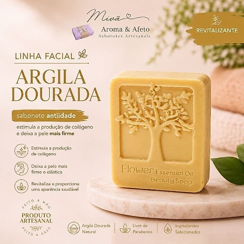Sabonete Facial Anti-idade Argila Dourada e Chá Verde | Antioxidante Artesanal Mivã 90gr