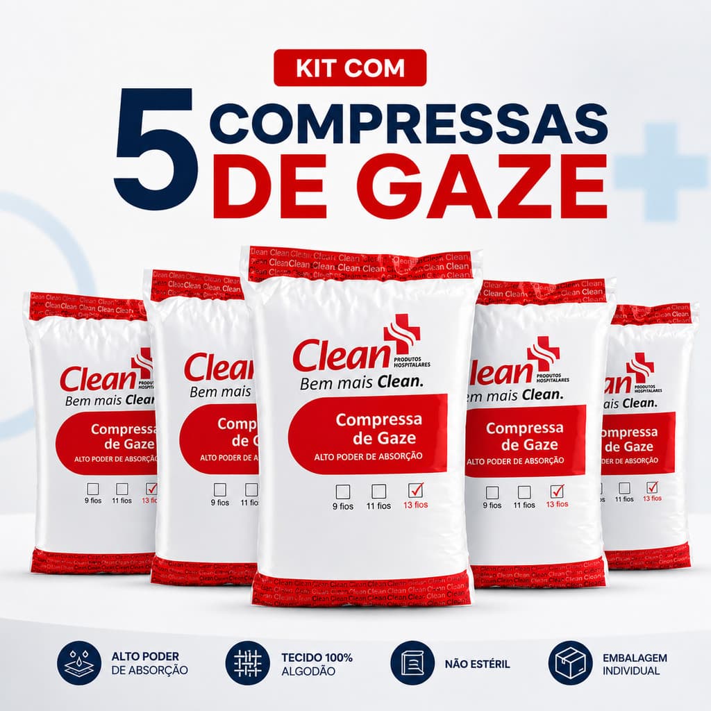 Compressa de Gaze 13 Fios 7,5x7,5cm 100% Algodão Kit 5 Unidades Alta Absorção