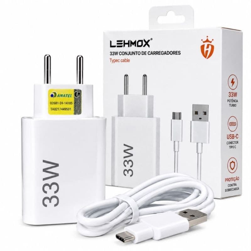 Carregador Turbo 33W USB-C da Lehmox  carga rápida compatível com smartphones,modelos Xiaomi,Redmi,POCO,Samsung,Motorola