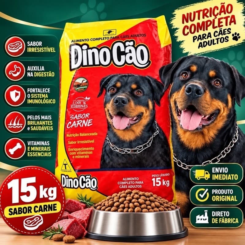 RAÇÃO PARA CACHORRO DINOCÃO ADULTO 15KG COM VITAMINAS E MINERAIS SABOR CARNE