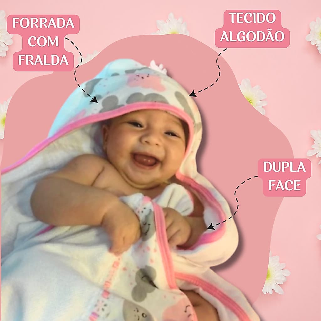 Toalha de Banho Bebê com Capuz Dupla face forrada com fralda de algodão Infantil e Recém nascido