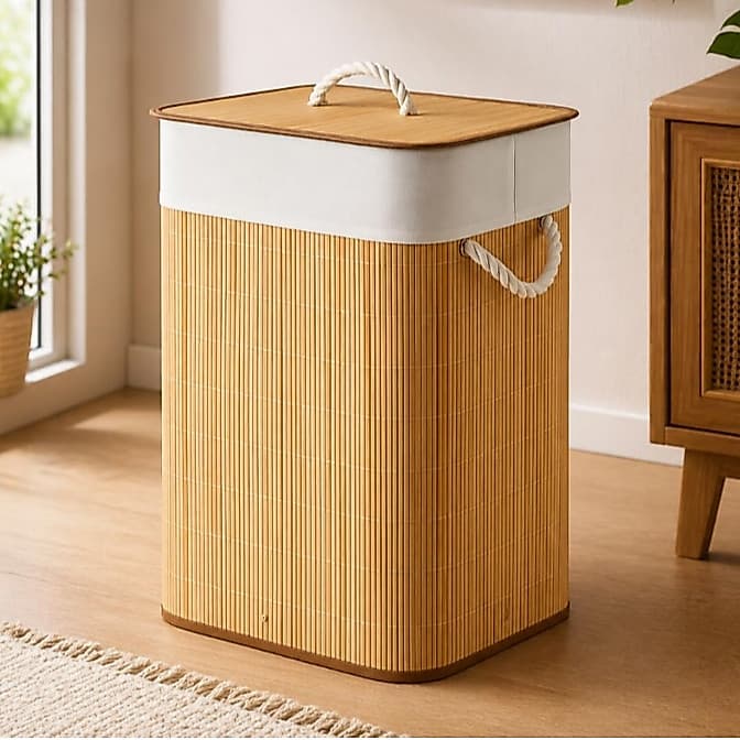 Cesto de Roupa Suja Bambu 72L com Tampa Dobrável Alças Forro Removível Organizador de Lavanderia Banheiro Quarto Premium