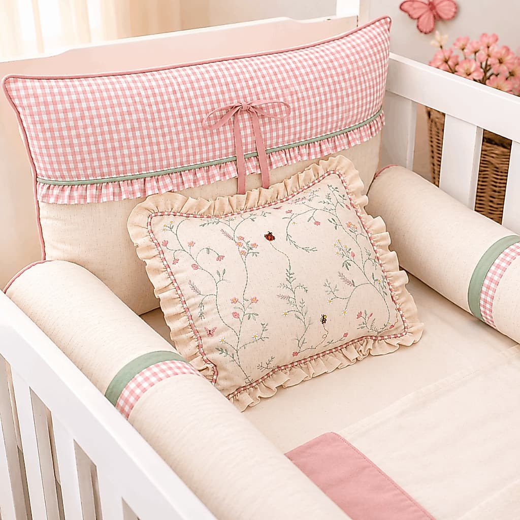 Kit Berço Americano Jardim Encantado Linho Luxo Flores Menina Bordado 100% Algodão Enxoval Bebe