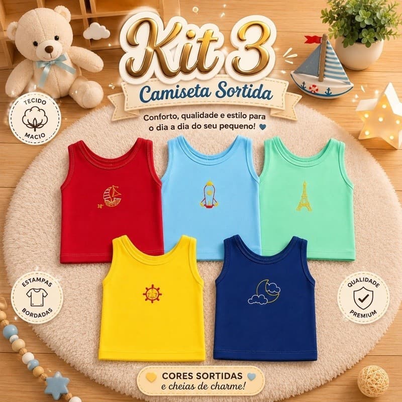 Kit 3 regatas para bebe menino sortidas enxoval de bebê