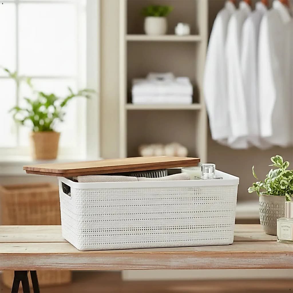 Caixa Organizadora Quarto Cozinha Banheiro Multiuso Grande 7,4L Nitron Tampa Madeira Resistente Decoração Casa