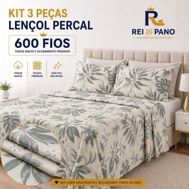 Kit Jogo 3 Pçs Lençol Cobre Leito Percal 600 Fios Casal Queen Toque Algodão 2 Porta Travesseiro