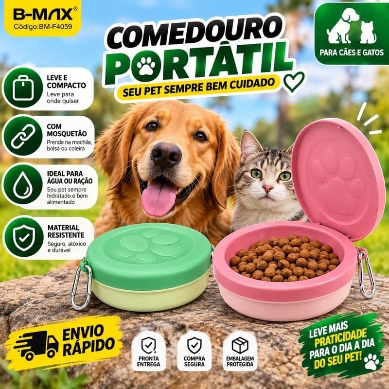 Tigela Portátil Pet 14cm para Cachorro e Gato Pote para Ração e Água com Mosquetão Passeio Viagem