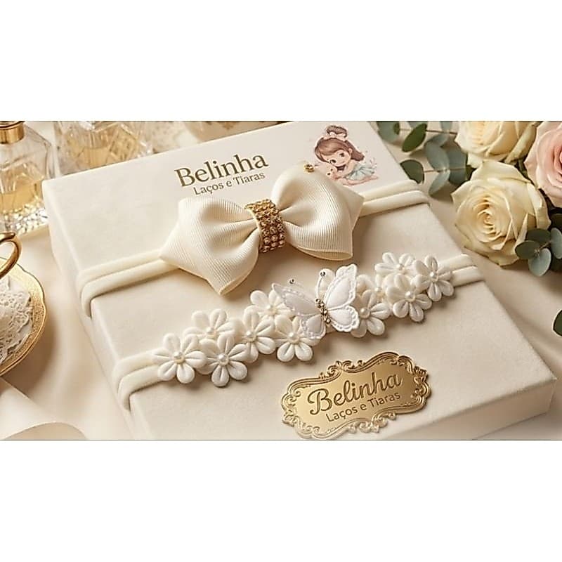 Faixinhas para Bebê Menina Creme Bebê Luxo Kit com 02 Faixinhas Laços Florzinha para Bebê Macia Enxoval Maternidade