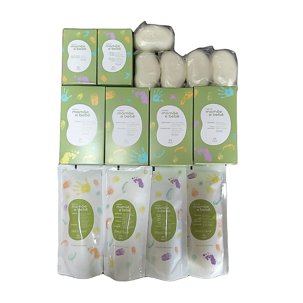 Kit Mamãe E Bebê Natura Completo Com 15 Itens 1 Água de Colônia 1 Sabonete Líquido 1 Óleo de Massagem, 1 Condicionador, 5 sabonetes, 1 Hidratante, 1 Refil Hidratante, 1 Refil Shampoo, 1 Refil Condicionador. 1 Refil Sabonete Liquido