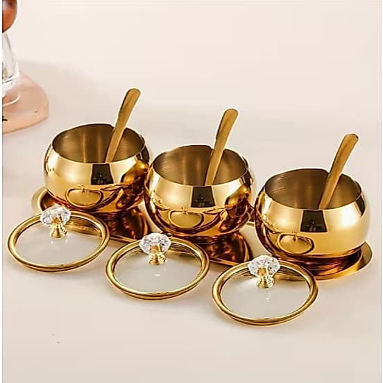 Kit Potes Açúcar Condimentos Com Bandeija Aço Inox 304 Esférico Cozinha Luxuoso Moderno Organizador