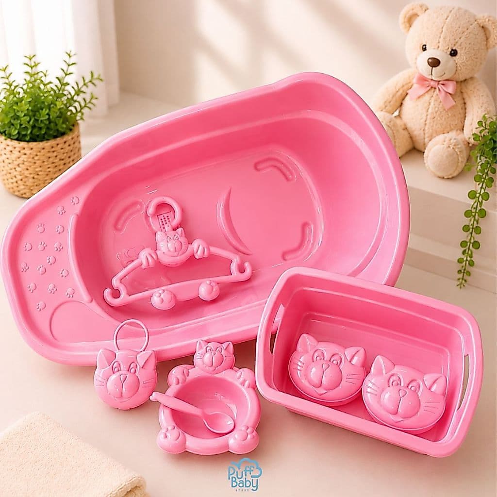 Kit bebê 7 itens organizador de fralda porta algodão Banheira 20 litros pratinho e cabides de roupa
