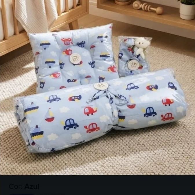 Kit Enxoval Bebê – Travesseiro Anatômico + Trocador Impermeável + Naninha com Ursinho 🧸