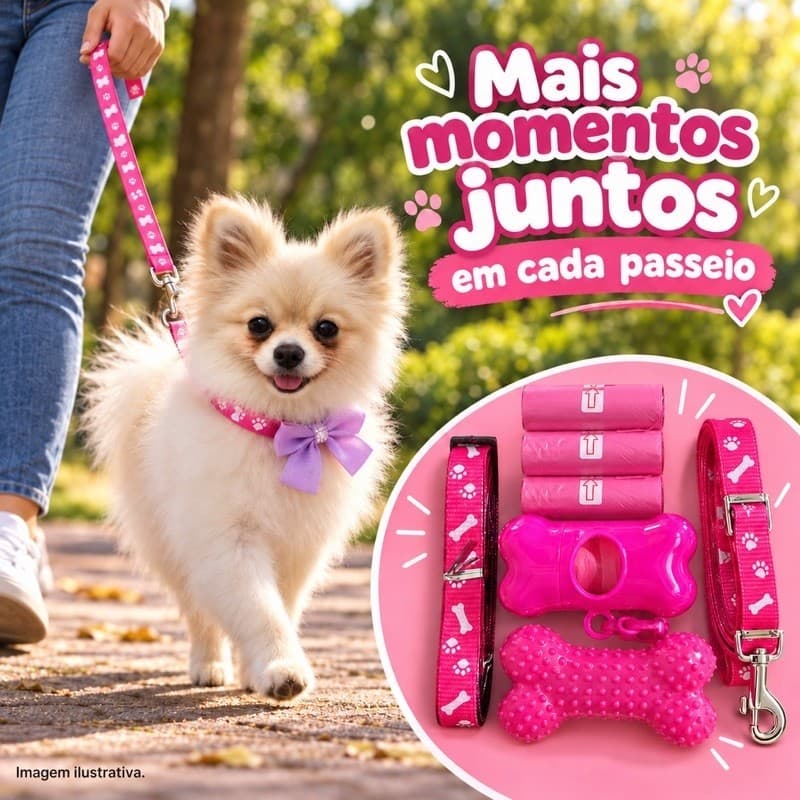 Kit Passeio para Cachorro 7 Peças Coleira Guia Porta Saquinhos e Brinquedo (Osso de Borracha)