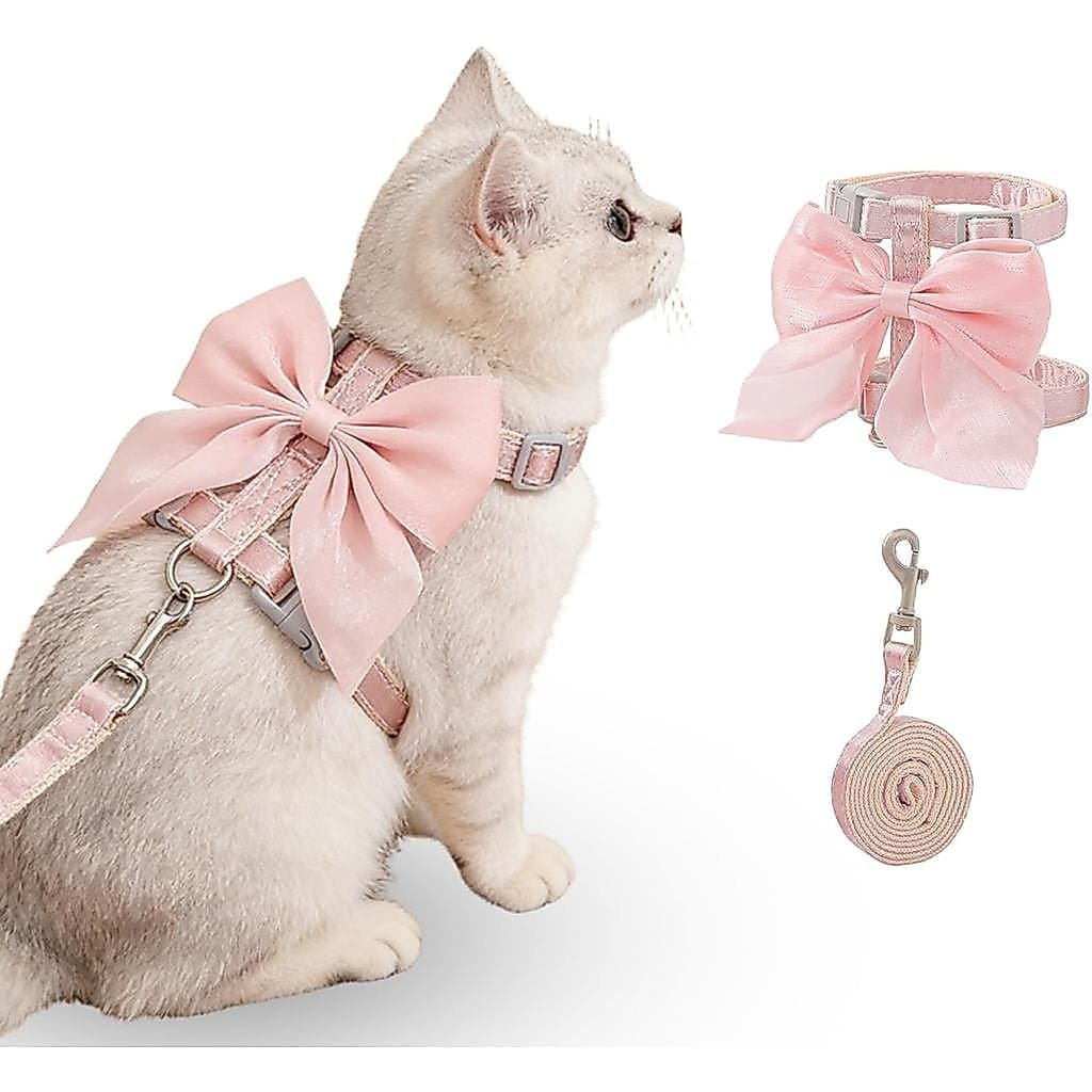 Conjunto de Coleira e Guia para Gato Tensho com Laço Rosa, à Prova de Fuga, Coleira Ajustável para Gatinhos com Guia, Co