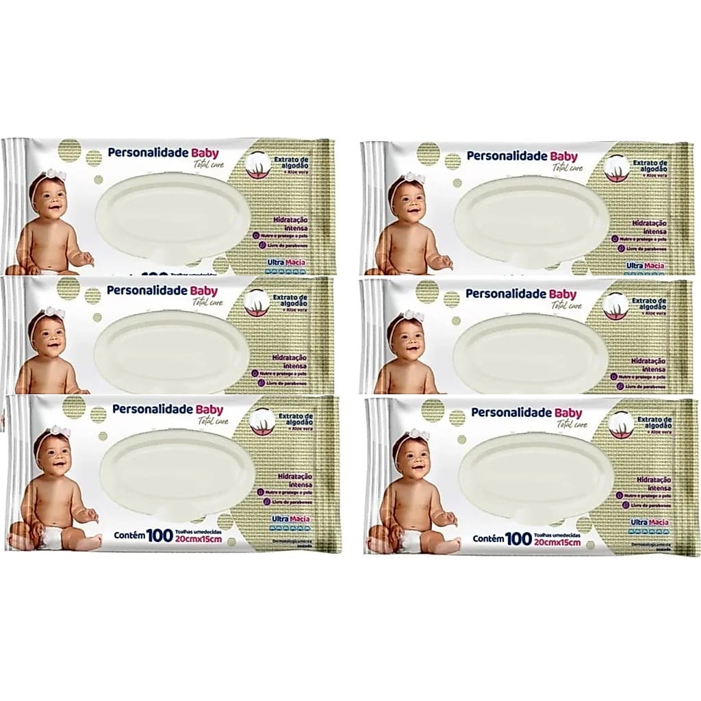 Kit 6x Toalhas Umedecidas Personalidade 100un | Extra Macias + Hipoalergênicas + Envio Rápido