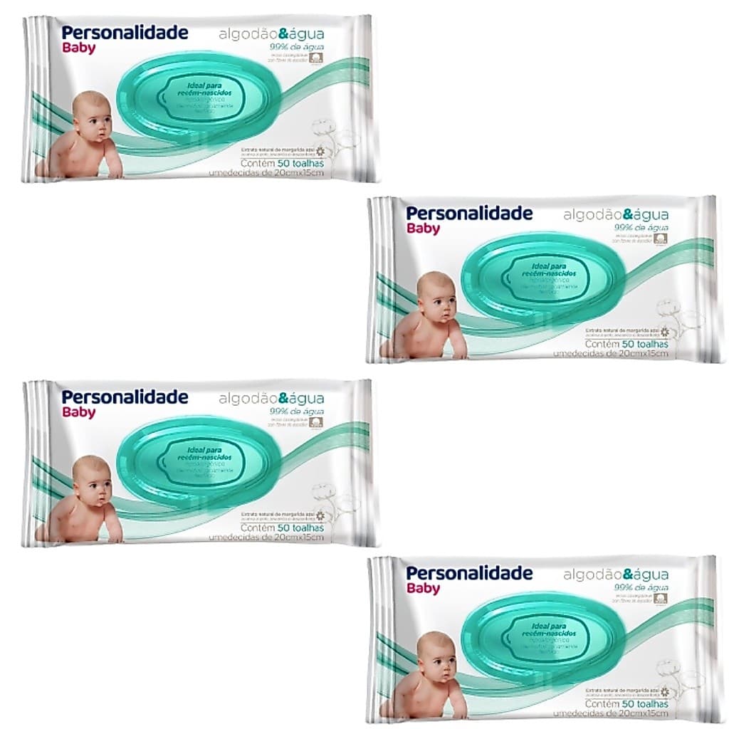 Toalha Umedecida Personalidade Baby RN Algodão E Água 50 Unidades cada / 4 unidades