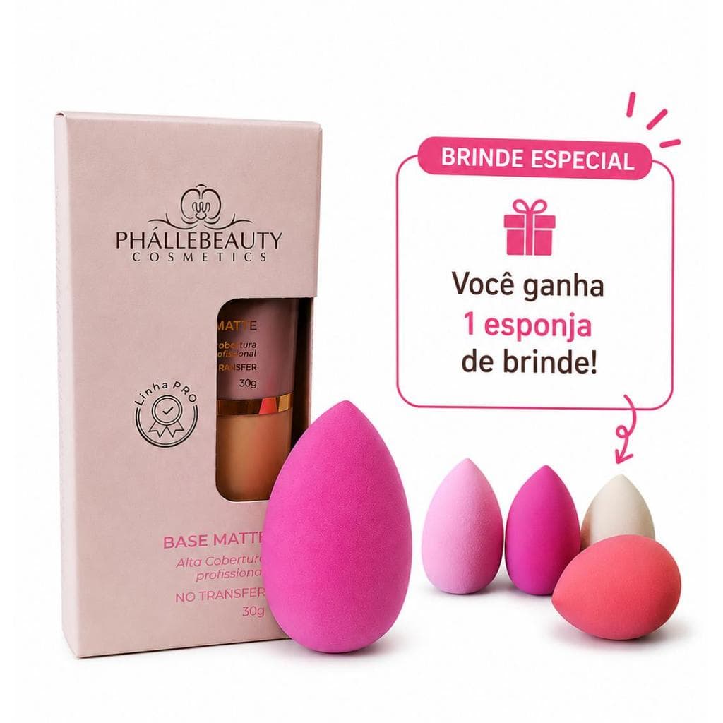 Base Matte Phallebeauty Pró Liquida Alta Cobertura + Esponja formato Gota Brinde