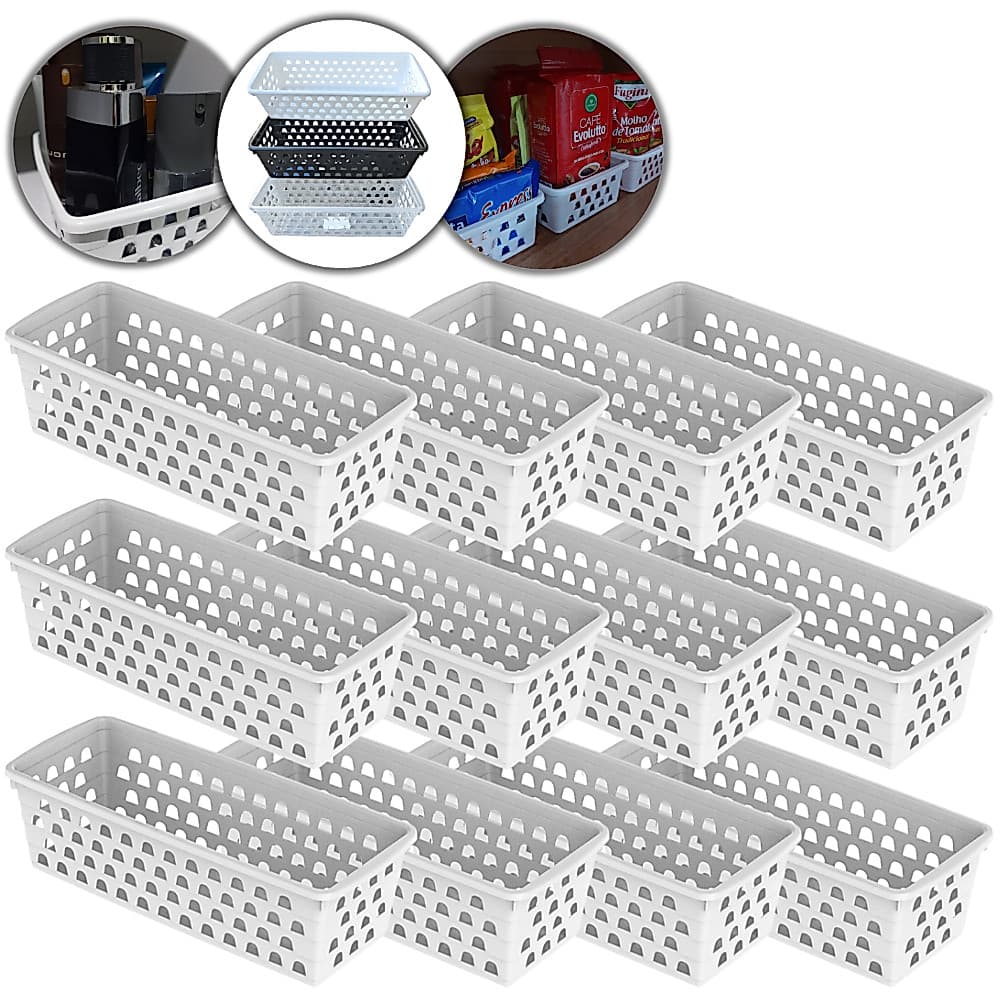 Kit 6, 10 ou 12 Cesto Organizador Retangular Multiuso Preto Branco Transparente Armário Gaveta Lavanderia Banheiro Cozinha Comprido 28x11