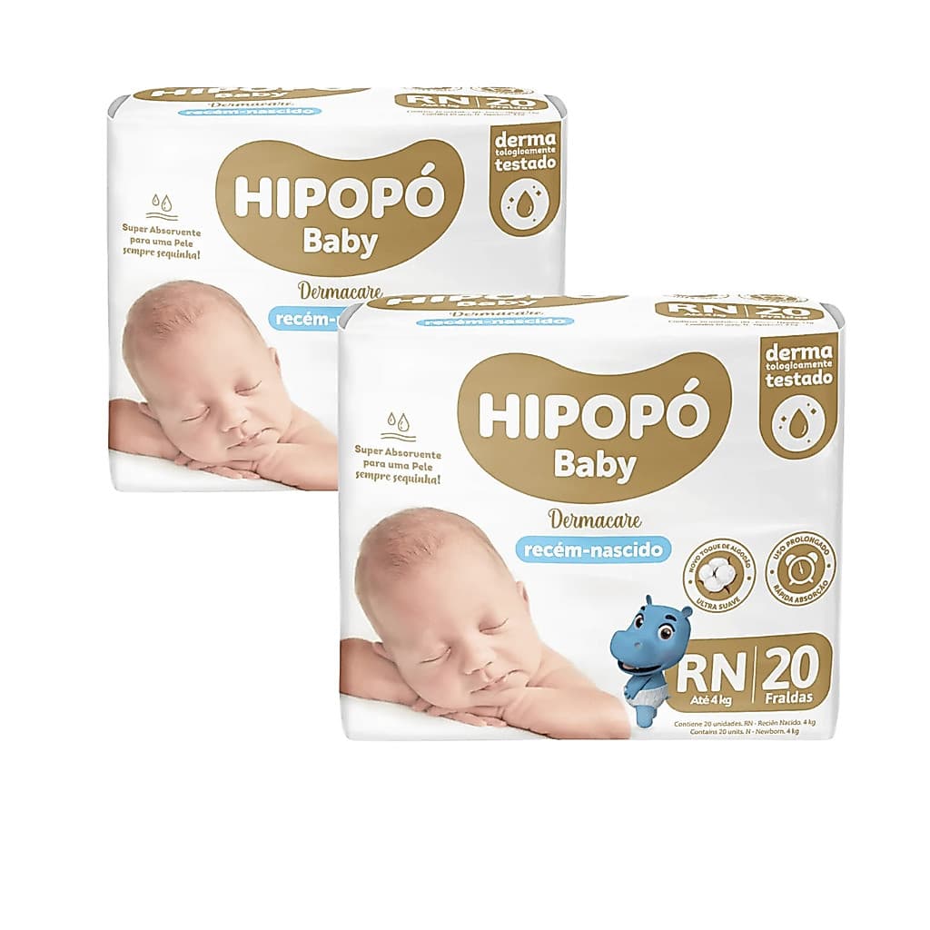 Kit 2 Fralda Infantil Hipopó RN | 40 Unidades | Recém-Nascido Até 4kg | Alta Absorção Dermacare