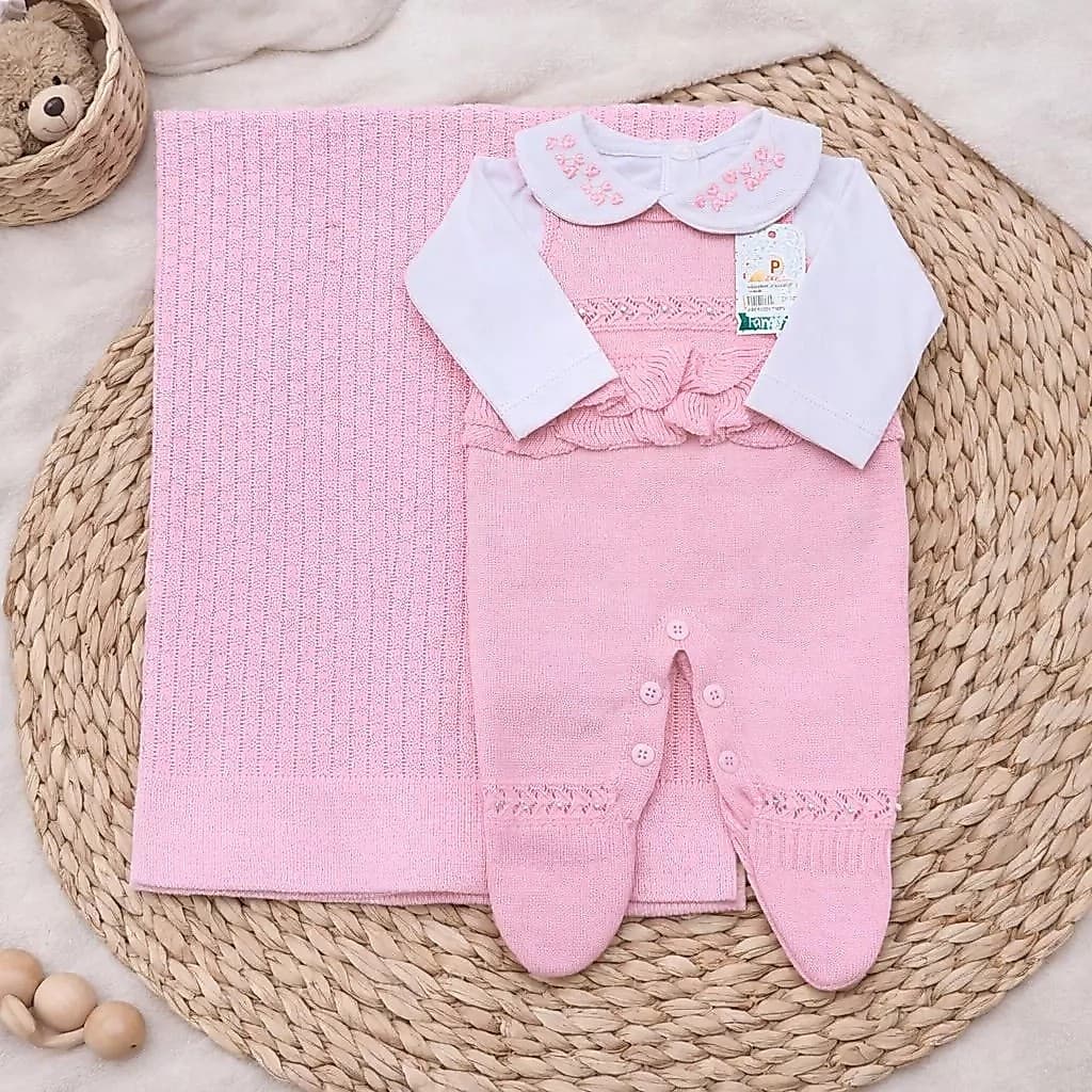 Kit Saída Maternidade Bebê Menina Manta + Jardineira Tricô 3 Peças