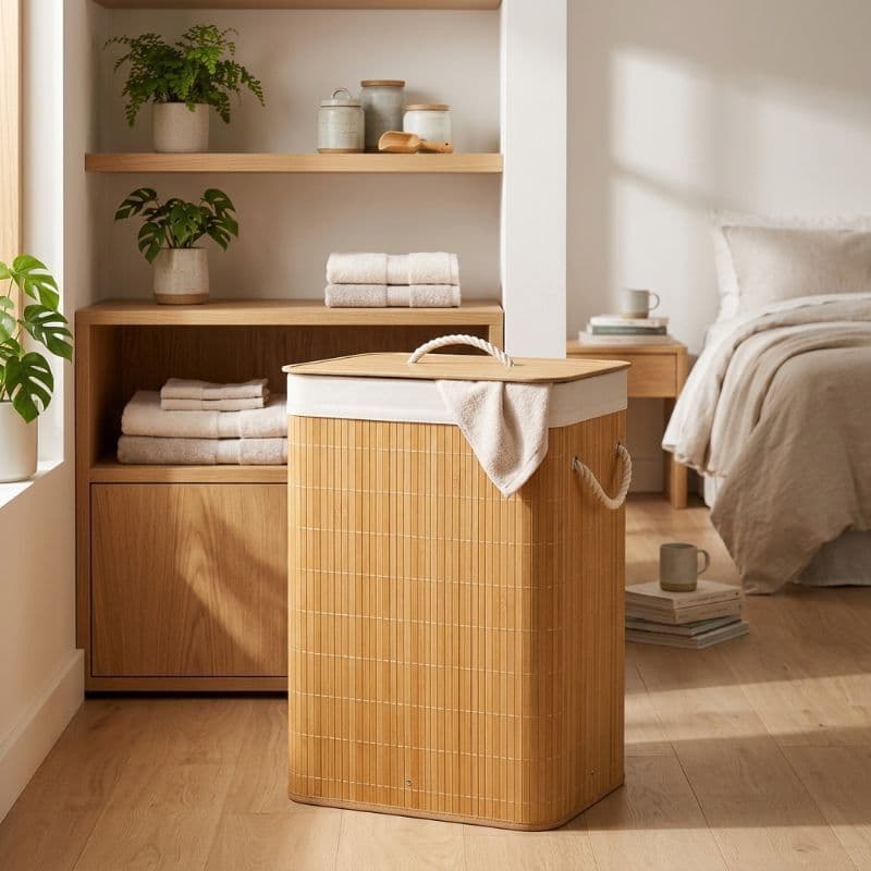 Cesto Organizador de Roupas com Tampa e Alça de Bambu 50 Litos Brinquedos Quarto Lavanderia Banheiro Infantil🏡