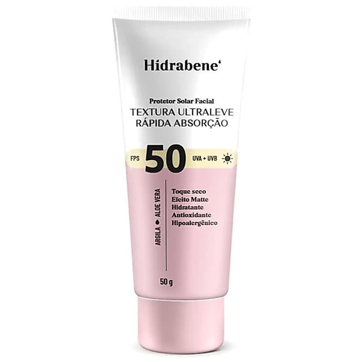 Protetor Solar Facial Hidrabene FPS 50 Toque Seco Efeito Matte Argila e Aloe Vera Ultraleve 50g