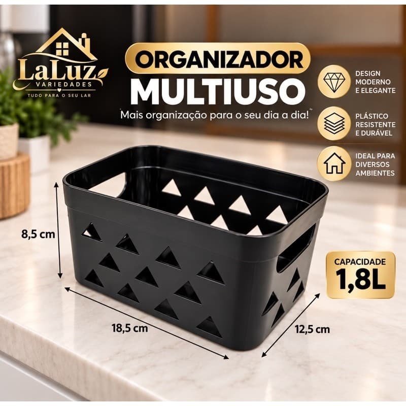 Kit 4 Organizadores Multiuso 1,8L – Cesto Triângulos Preto Leve 4 Pague 3 Cozinha - Quarto - Banheiro - Escritório