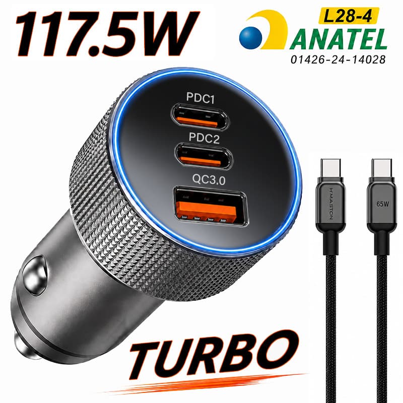 3 PORTES Carregador Celular Veicular Turbo 2 TIPO C +1 USB Carregamento Rápido Origina