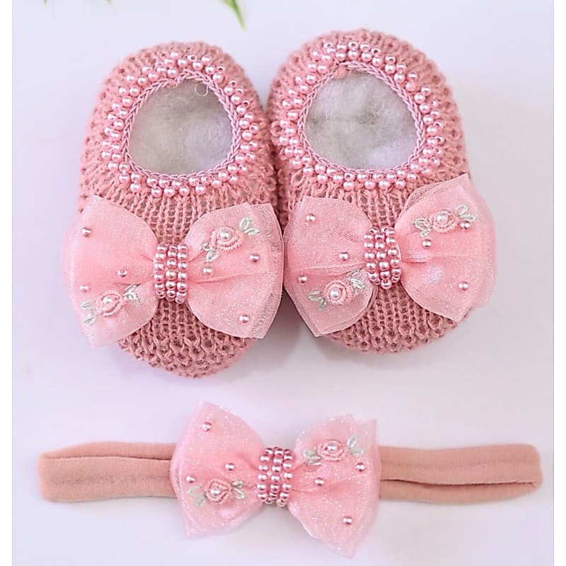 Kit Sapatinho tricô + faixa de cabelo com laço com pérolas - Recém nascido - Kit Maternidade - 0-3 meses