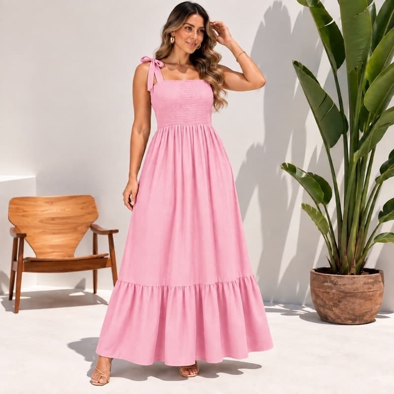 Vestido Longo Feminino Azul Bebê Lastex Alça de Amarrar Tamanho Único Moda Evangélica Casual Elegante Verão