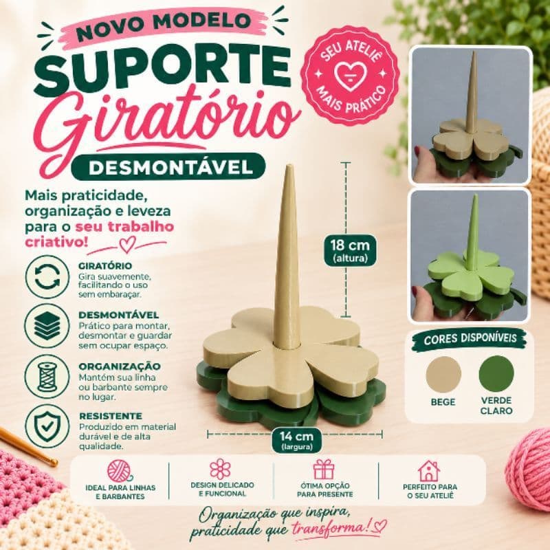 Suporte giratório trevo colorido para linhas de crochê e barbantes, artesanato, decoração.