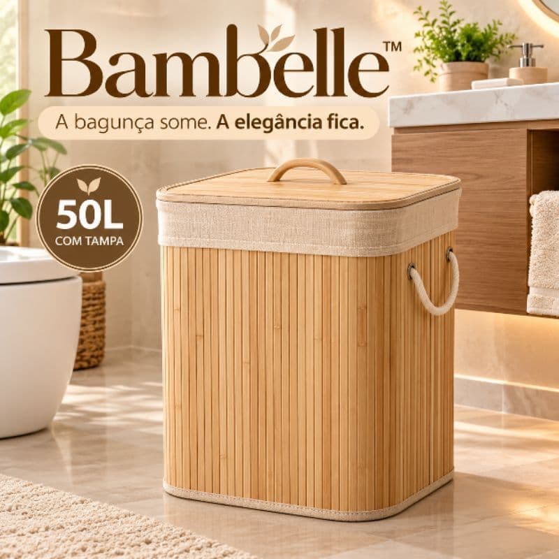 Cesto De Roupa Bambu 50L Com Tampa E Forro Removível Lavável Organizador Multiuso Decoração Banheiro Quarto