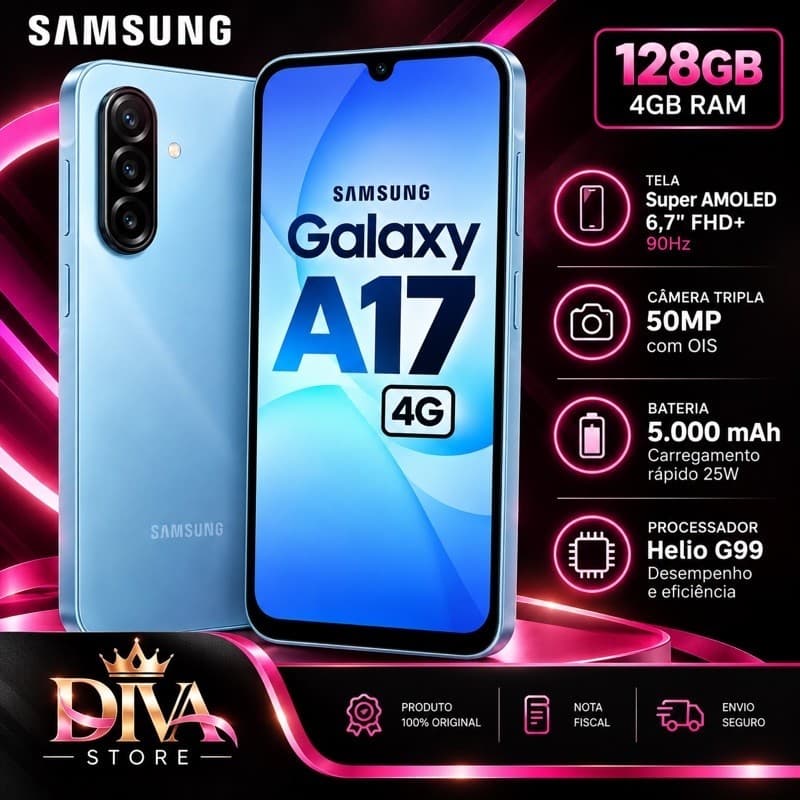 Celular Samsung Galaxy A17 4G 128GB 4GB RAM Câmera 50MP Tela Super AMOLED Azul Cinza
