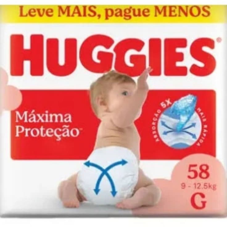 Fraldas Huggies Máxima Proteção Tamanho G 58 Unidades 9-12.5kg Absorção 5x Mais Rápida