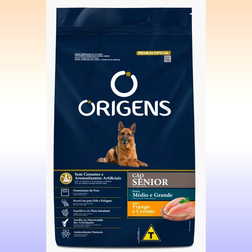 Ração Seca Origens Cães Sênior Porte Médio e Grande Sabor Frango e Cereais 15 KG Adimax