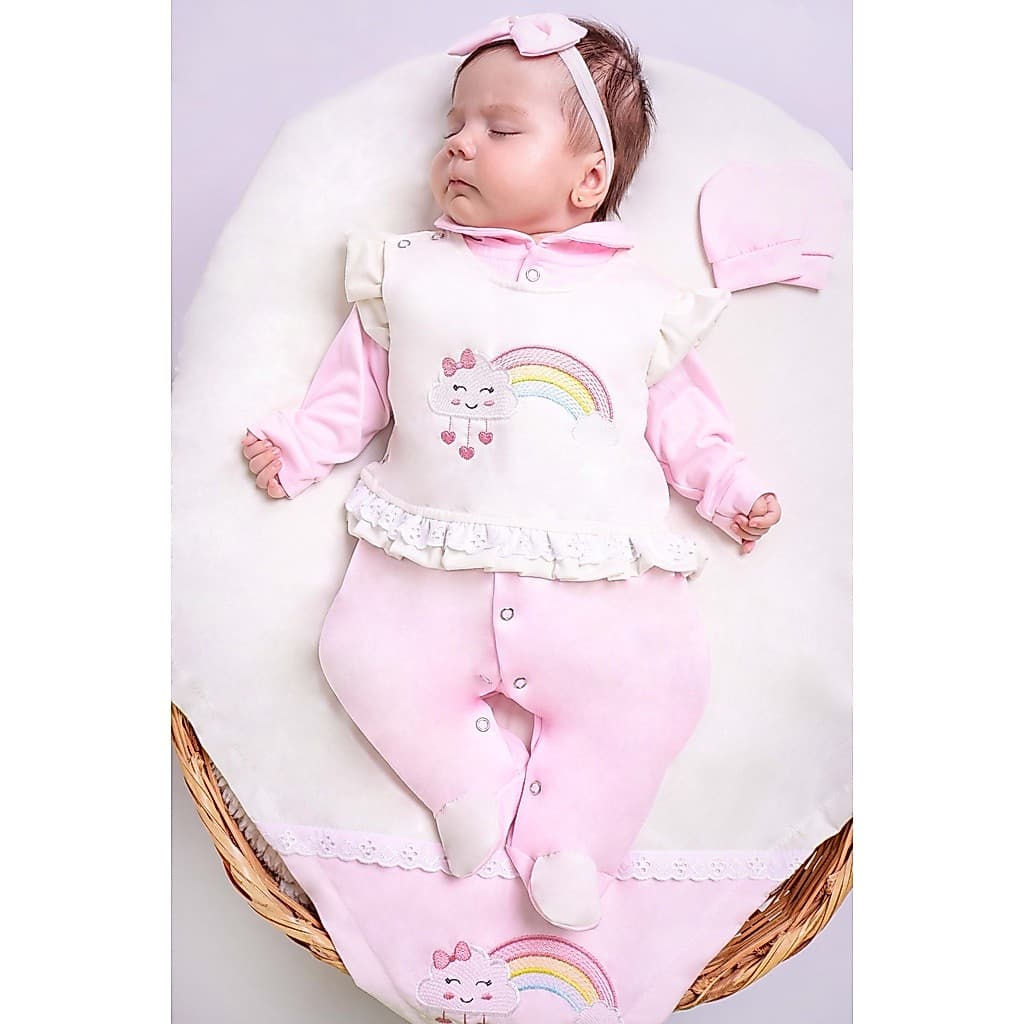 Saída Maternidade Menina Nuvem 04 Peças Arco Iris Roupa de Bebê Menina