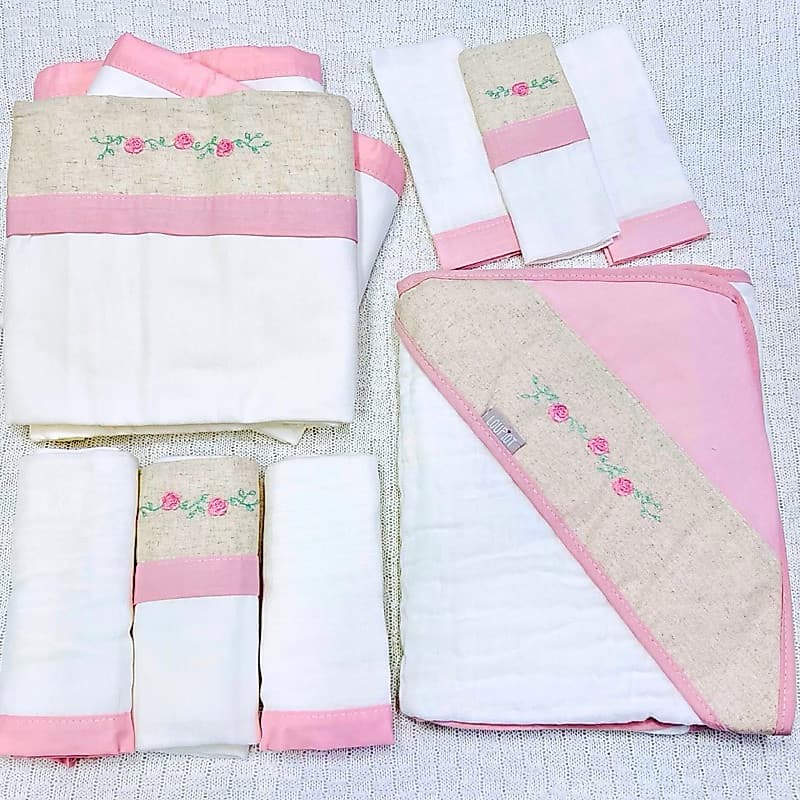 Kit 10 Peças Enxoval Completo Para Recém Nascido Feminino E Masculino 100% Algodão Linho