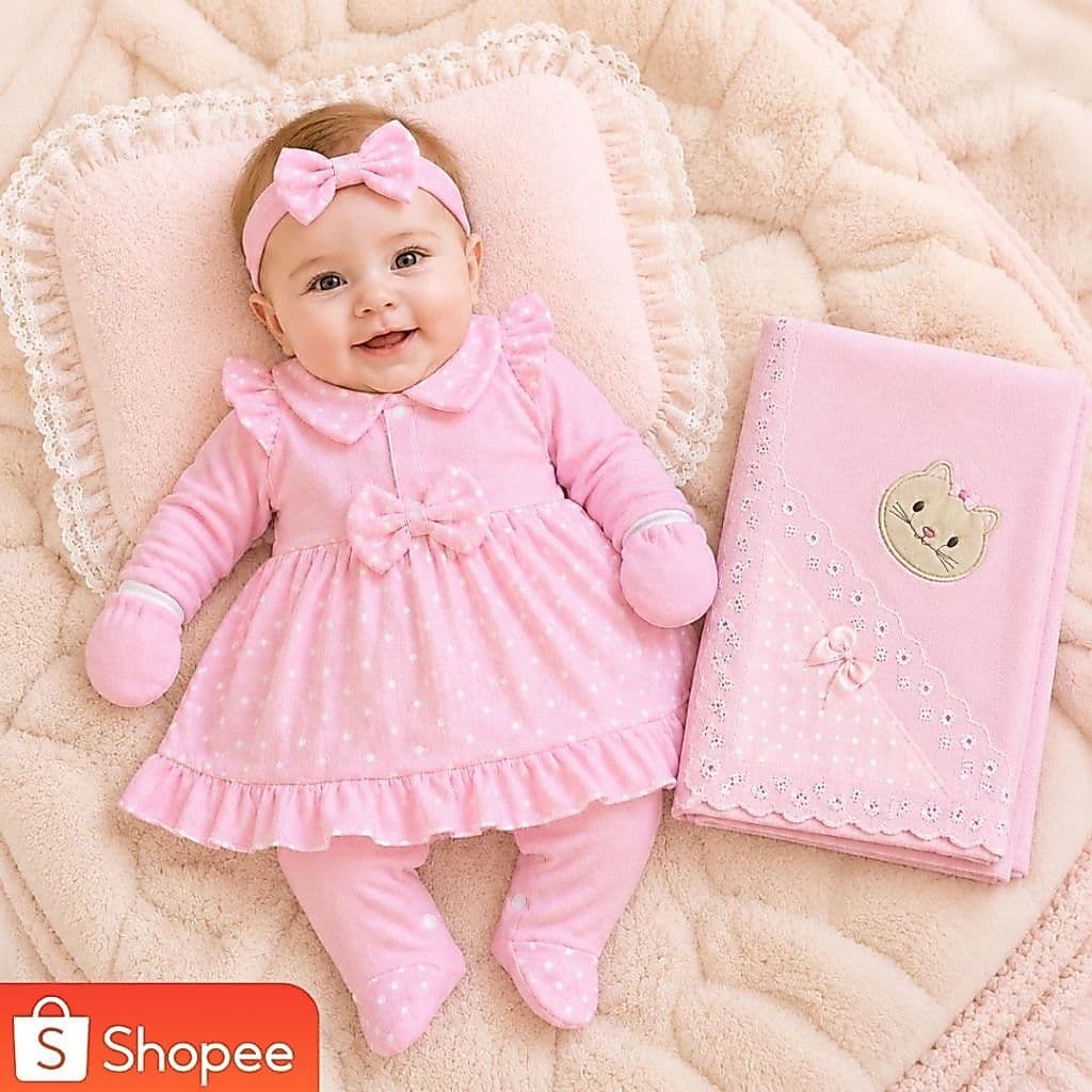 Saída Luxo de Maternidade Bebê Menina Vestido Macacão Manta Luva Tiara Ideal Para Presente - CM BABY