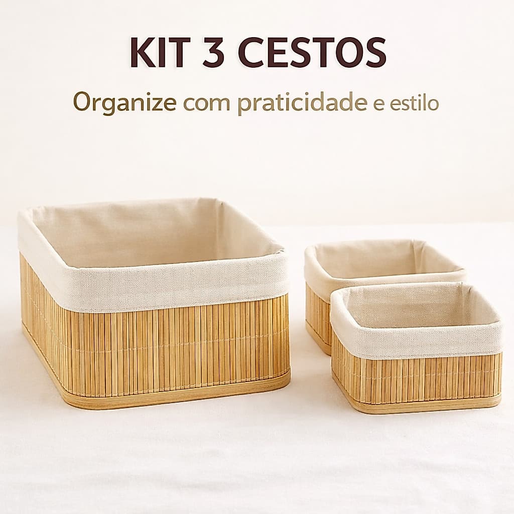 Kit 3 Cestos Organizadores Bambu Multiuso Gaveta Banheiro Closet Maquiagem Decorativo