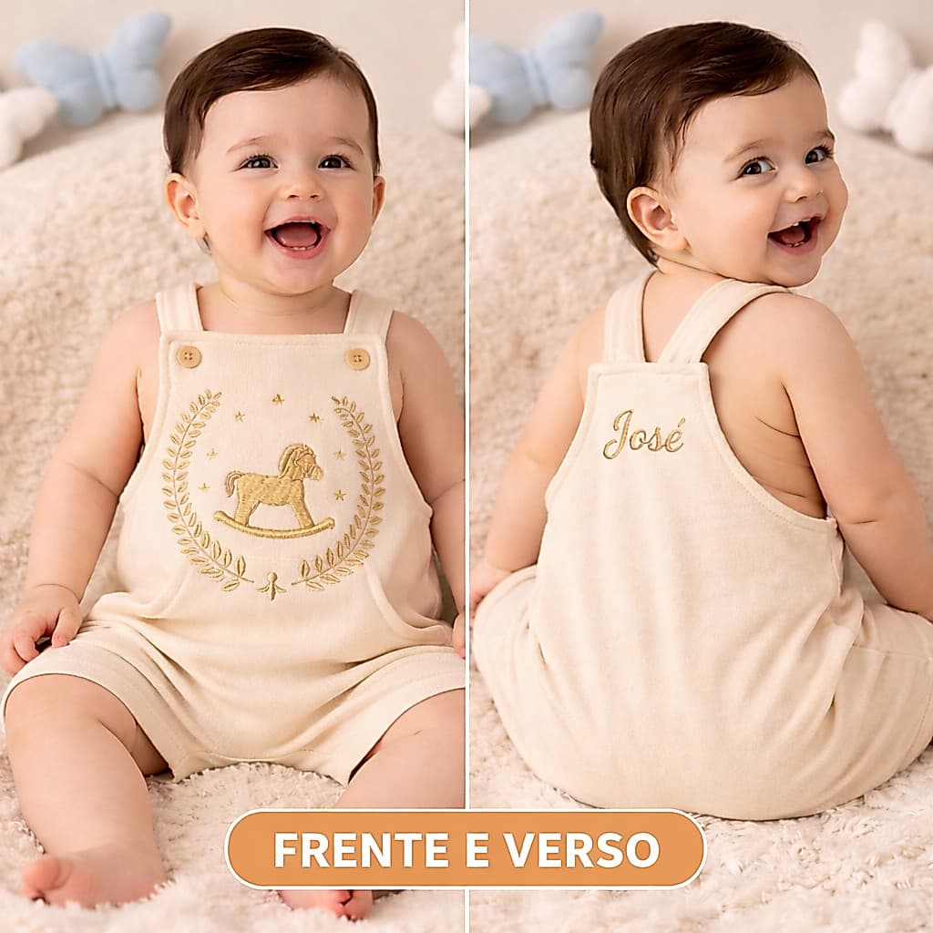 Jardineira Personalizada Nome Bordado Bebê Menino Menina Manga Curta Verão Roupas de Bebês