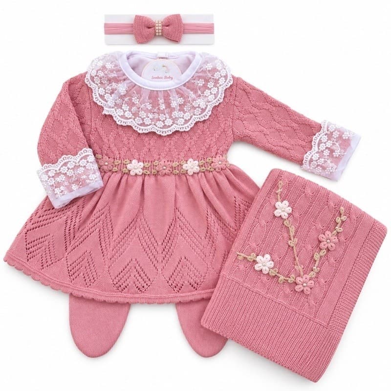 Saída Maternidade Menina Charmosa Floral 5 Peças Roupa de Bebê Tricot