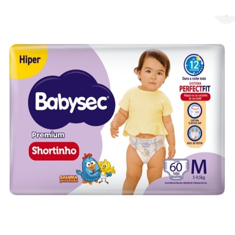 Fralda Shortinho Babysec Premium Tamanho M com 60 Fraldas Descartáveis - M, 60Pcs