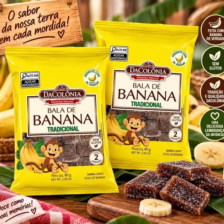Doce de Banana Bala de Banana DaColônia 160g Mariola de Fruta Natural Lanche Saudável