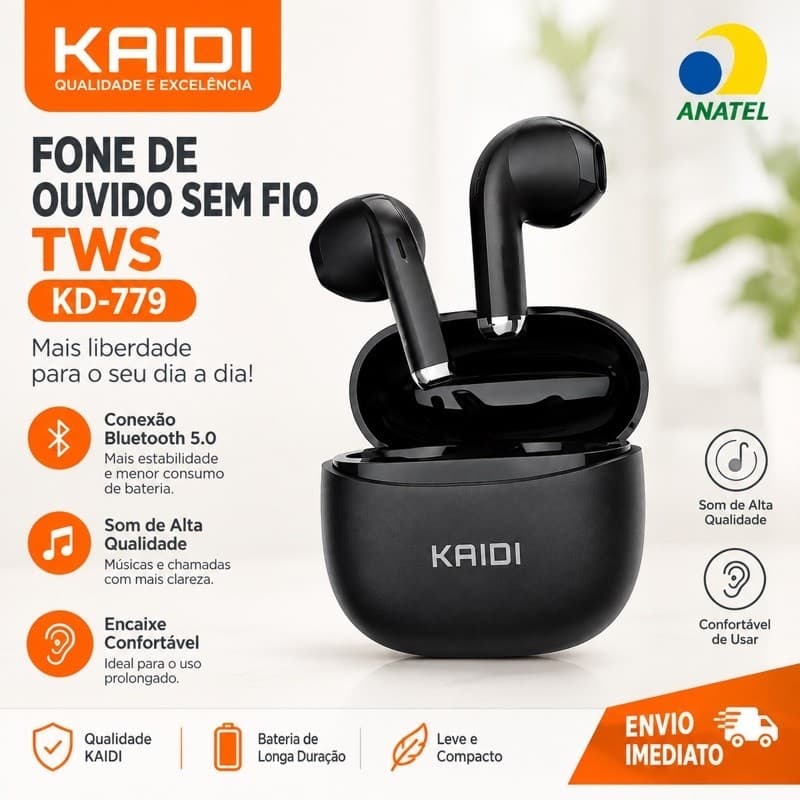 Fone Bluetooth TWS Kaidi KD-779 Sem Fio Bluetooth 5.0 Earbuds Estéreo Som Alta Qualidade Microfone Confortável